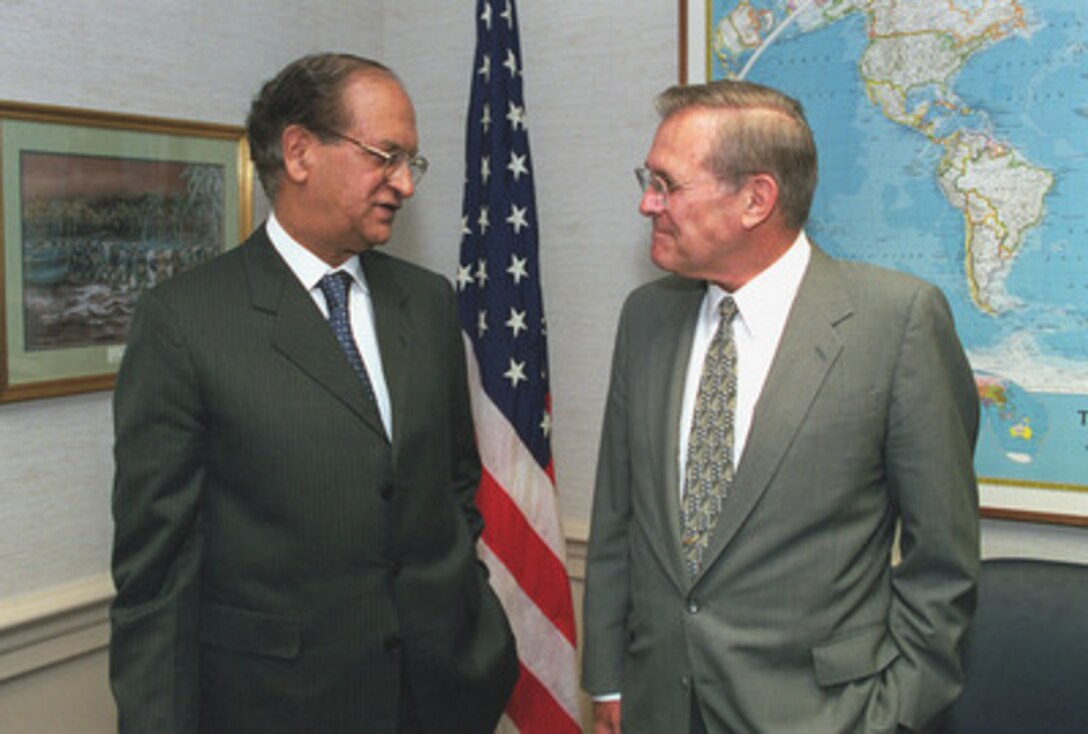 Abdul Sattar (left), Pakistan's minister of foreign affairs, meets at the Pentagon, June 19, 2001, with Secretary of Defense Donald H. Rumsfeld (right). Rumsfeld and Sattar discussed a number of cooperation issues of interest to both nations. 