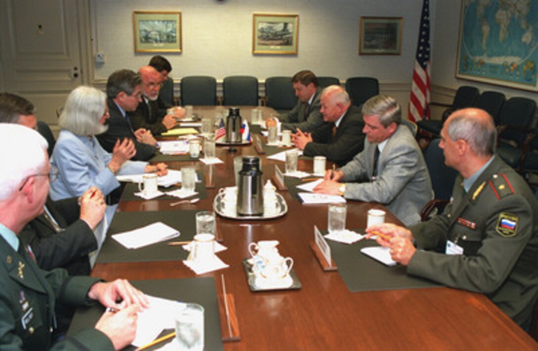 Deputy Secretary of Defense Paul Wolfowitz (3rd from top, left side of table) chairs a meeting with a delegation from Russia led by Marshal Igor Sergeyev (2nd from the top, right side of table), special advisor to Russian President Vladimir Putin on strategic stability. The talks, held at the Pentagon on June 20, 2001, were aimed at resolving Russia's objections to the U.S. plan to develop defenses against a limited ballistic missile attack, such as might be launched by a rogue state or terrorist organization. 