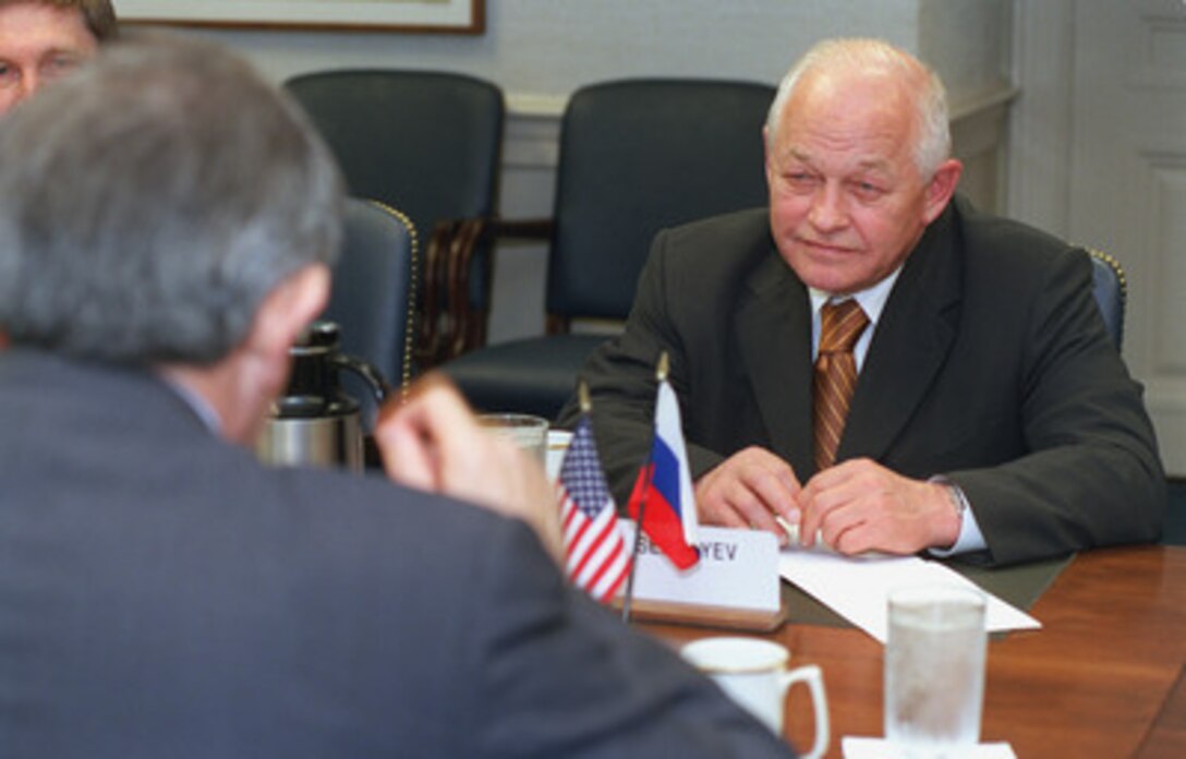 Deputy Secretary of Defense Paul Wolfowitz (left foreground) meets with Russia's Marshal Igor Sergeyev (right), special advisor to President Vladimir Putin on strategic stability. The meeting, held at the Pentagon on June 20, 2001, is part of a continuing effort to reach a consensus with the Russians regarding the Bush administration's desire to modify the anti-ballistic missile treaty. The U.S. plan to develop defenses against a limited ballistic missile strike by a rogue state, would run counter to the provisions of the existing treaty. 