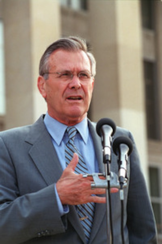 Secretary of Defense Donald H. Rumsfeld responds to a reporter's question during a joint media availability following his Pentagon meeting with NATO Secretary General Lord George Robertson on June 20, 2001. 