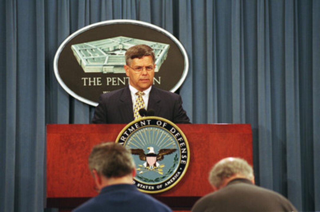 Assistant Secretary of Defense for Force Management Policy Charles S. Abell, conducts a Pentagon press briefing June 22, 2001, on the Department of Defense's handling of overseas absentee ballots. The purpose of this briefing is to discuss actions taken or planned, in response to a DoD Inspector General review of the procedures for handling overseas absentee ballots. 