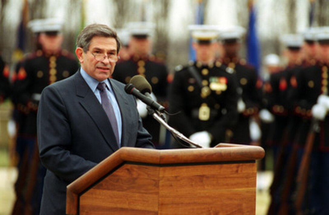 Deputy Secretary of Defense Paul Wolfowitz delivers his remarks during an armed forces welcoming ceremony in his honor at the Pentagon on March 16, 2001. Wolfowitz is the 28th deputy secretary of Defense. 