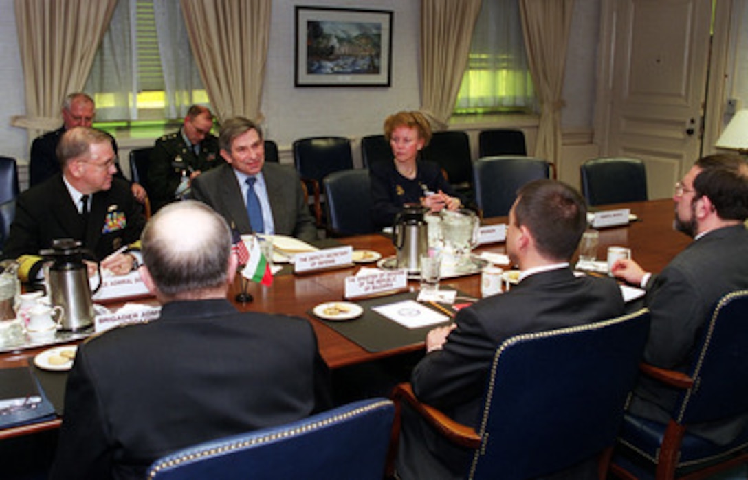 Deputy Secretary of Defense Paul Wolfowitz (center, far-side) meets with Bulgarian Minister of Defense Boyko Noev (center, foreground) at the Pentagon on March 26, 2001. Assistant to the Chairman of the Joint Chiefs of Staff Adm. Walter F. Doran (left), U.S. Navy, and Deputy Assistant Secretary of Defense for European and NATO Affairs Lisa Bronson joined Wolfowitz and Noev to discuss a range of regional security issues of interest to both nations. Noev was accompanied by Bulgarian Ambassador to the United States Phillip Dimitrov (right) and Defense Attaché Brigadier Admiral Ivan Yordanov (left, foreground). 