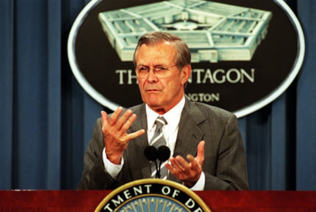 Secretary of Defense Donald H. Rumsfeld announces major changes to national security space activities at a Pentagon news briefing on May 8, 2001. The changes are to improve the leadership, management and organization of the nation's defense and intelligence space program. 