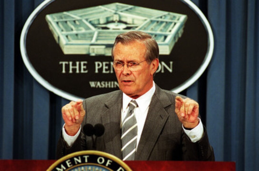 Secretary of Defense Donald H. Rumsfeld announces major changes to national security space activities at a Pentagon news briefing on May 8, 2001. The changes are to improve the leadership, management and organization of the nation's defense and intelligence space program. 