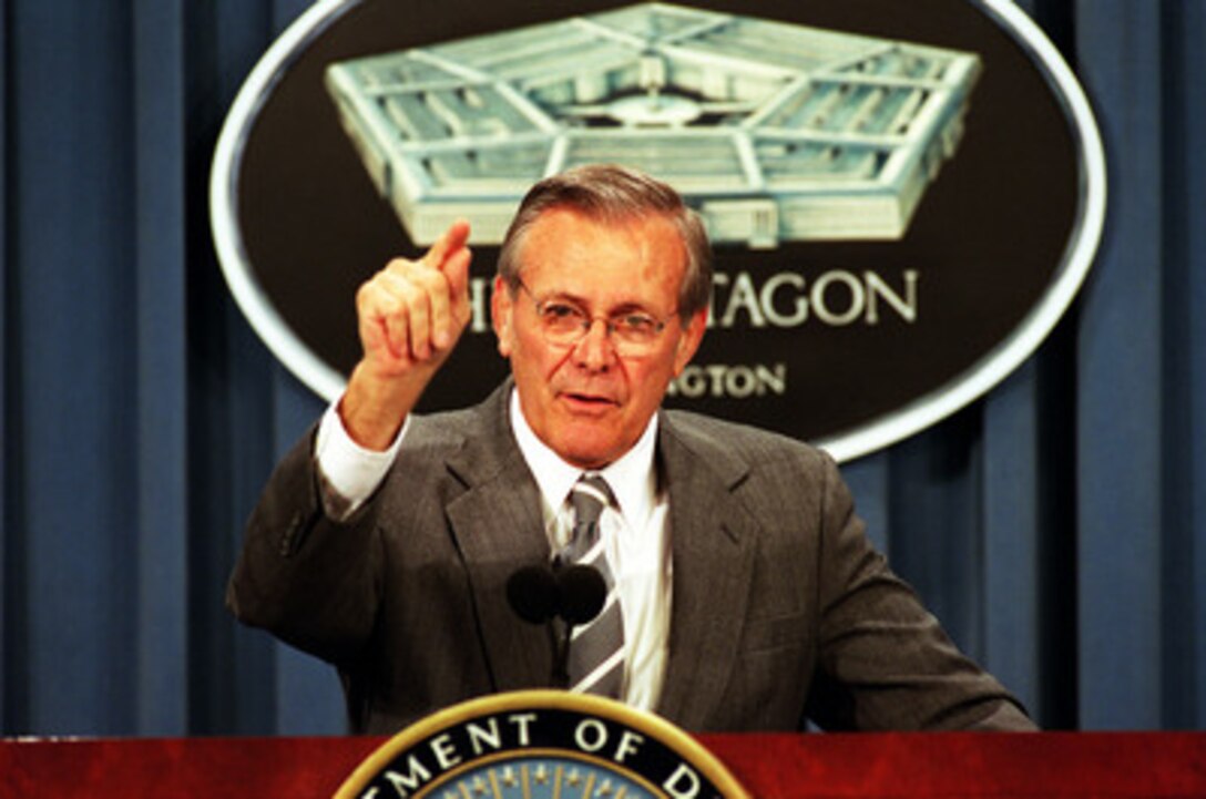 Secretary of Defense Donald H. Rumsfeld announces major changes to national security space activities at a Pentagon news briefing on May 8, 2001. The changes are to improve the leadership, management and organization of the nation's defense and intelligence space program. 