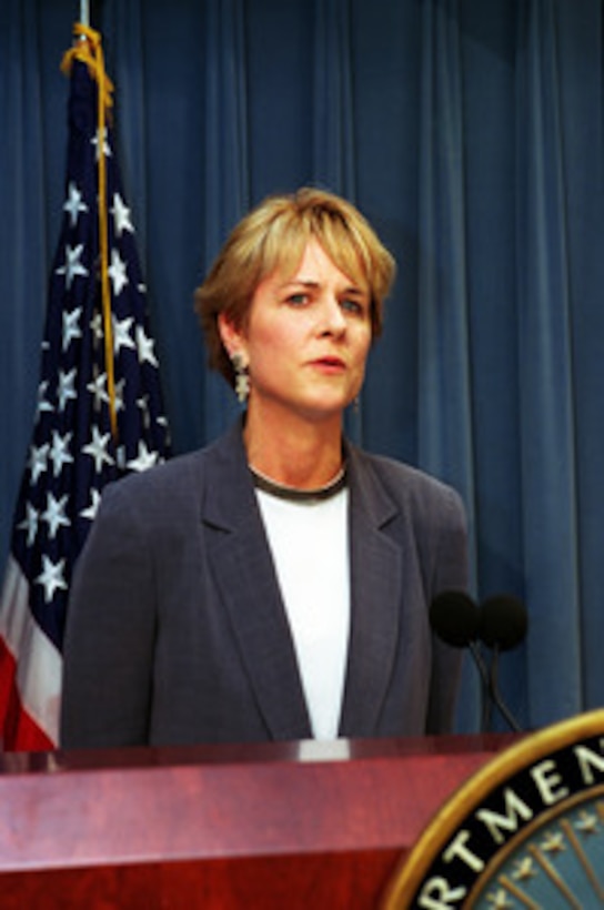 Ms. Victoria Clarke makes remarks after being sworn in as assistant secretary of defense for public affairs May 22, 2001, in the Pentagon, Washington, D.C. 