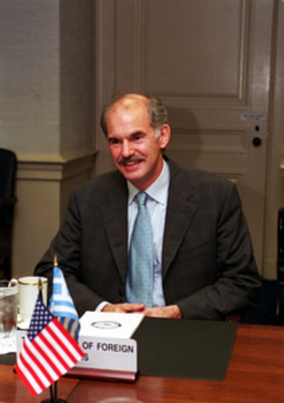 Minister of Foreign Affairs George Papandreou of Greece meets with Deputy Secretary of Defense Paul Wolfowitz at the Pentagon May 23, 2001. The two leaders are meeting to discuss issues of mutual interest. 