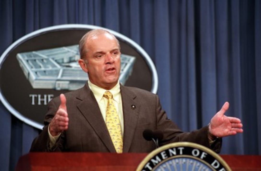 Secretary of the Army Thomas E. White holds a press briefing at the Pentagon on Oct. 26, 2001, to discuss homeland security. 