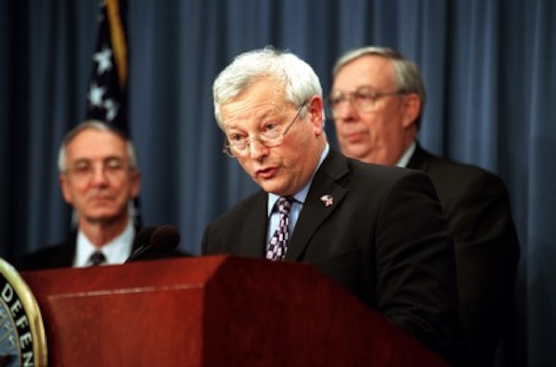 United Kingdom's Minister of Defence for Procurement Lord Willy Bach comments on the selection of the Lockheed Martin team to produce the Joint Strike Fighter during a Pentagon press conference on Oct. 26, 2001. The Joint Strike Fighter is a multi-service, multi-nation, family of warplanes which will be produced in three versions to fit the requirements of the U.S. Air Force, Navy, and Marine Corps as well as the British Royal Air Force and Navy. The program is the largest acquisition program in the history of the Department of Defense. 