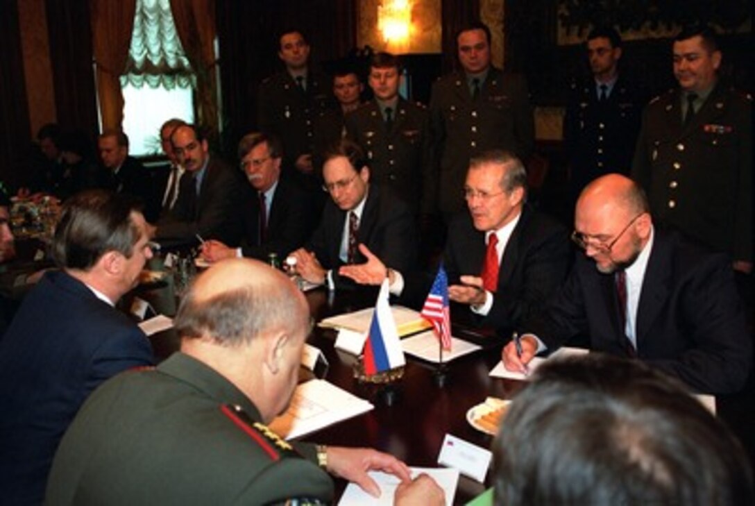 Secretary of Defense Donald H. Rumsfeld (2nd from right) meets with his Russian counterpart Sergey Ivanov (opposite) at the Ministry of Defense in Moscow on Nov. 3, 2001. The focus of the Rumsfeld-Ivanov talks is on ballistic missile defense and the reduction of nuclear arsenals. Rumsfeld's visit is laying the groundwork for next week's summit meeting in the United States between Russian President Vladimir Putin and George W. Bush. 