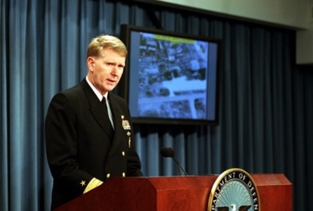 Navy Rear Adm. John D. Stufflebeem gives reporters an operational update on the missions in Afghanistan during a Pentagon press briefing on Nov. 5, 2001. Stufflebeem is the Joint Staff deputy director of Operations for Current Readiness and Capabilities. 