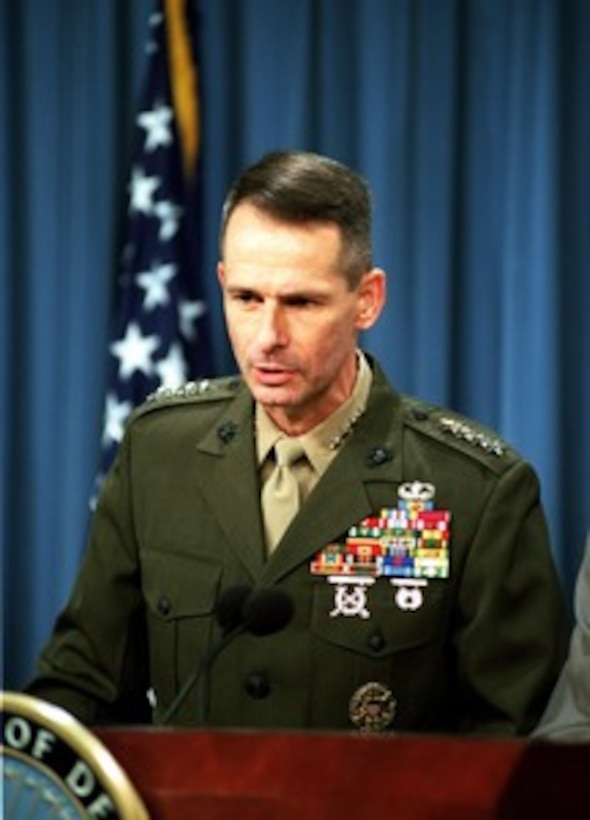 Vice Chairman of the Joint Chiefs of Staff Gen. Peter Pace provides reporters with an operational update on the missions in Afghanistan during a Pentagon press briefing on Nov. 6, 2001. 