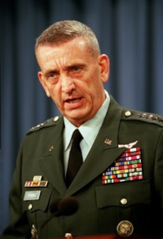 Commander in Chief, U.S. Central Command Gen. Tommy R. Franks, U.S. Army, briefs reporters in the Pentagon on the progress of on-going military operations against al-Qaeda and the Taliban in Afghanistan on Nov. 8, 2001. 