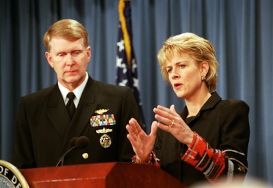 Assistant Secretary of Defense for Public Affairs Victoria Clarke and Navy Rear Adm. John D. Stufflebeem give reporters an operational update on the missions in Afghanistan during a Pentagon press briefing on Nov. 9, 2001. Stufflebeem is the Joint Staff deputy director of Operations for Current Readiness and Capabilities. 