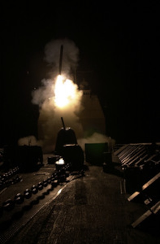A Tomahawk cruise missile is launched from the USS Philippine Sea (CG 58) in a strike against al Qaeda terrorist training camps and military installations of the Taliban regime in Afghanistan on Oct. 7, 2001. The carefully targeted actions are designed to disrupt the use of Afghanistan as a base for terrorist operations and to attack the military capability of the Taliban regime. The USS Philippine Sea (CG 58) is steaming at sea as part of Operation Enduring Freedom. 