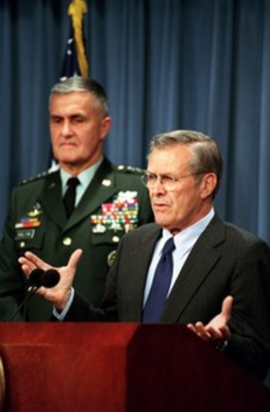 Secretary of Defense Donald H. Rumsfeld announces the establishment of the Secretary of Defense Medal for the Defense of Freedom on Sept. 27, 2001, in the Pentagon. The medal is the civilian equivalent of the Purple Heart and will be awarded to DoD civilian employees who are killed or wounded by hostile action while serving in support of the department. Chairman of the Joint Chiefs of Staff Gen. Henry H. Shelton, U.S. Army, joined Rumsfeld at the briefing. 