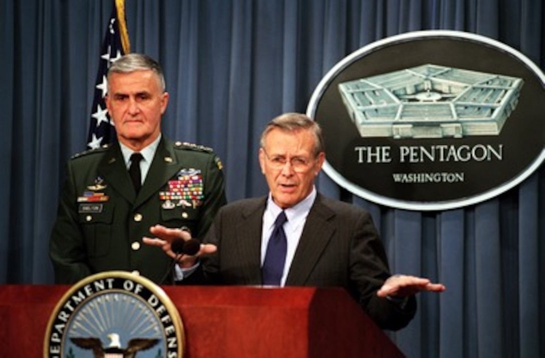 Secretary of Defense Donald H. Rumsfeld announces the establishment of the Secretary of Defense Medal for the Defense of Freedom on Sept. 27, 2001, in the Pentagon. The medal is the civilian equivalent of the Purple Heart and will be awarded to DoD civilian employees who are killed or wounded by hostile action while serving in support of the department. Chairman of the Joint Chiefs of Staff Gen. Henry H. Shelton, U.S. Army, joined Rumsfeld at the briefing. 