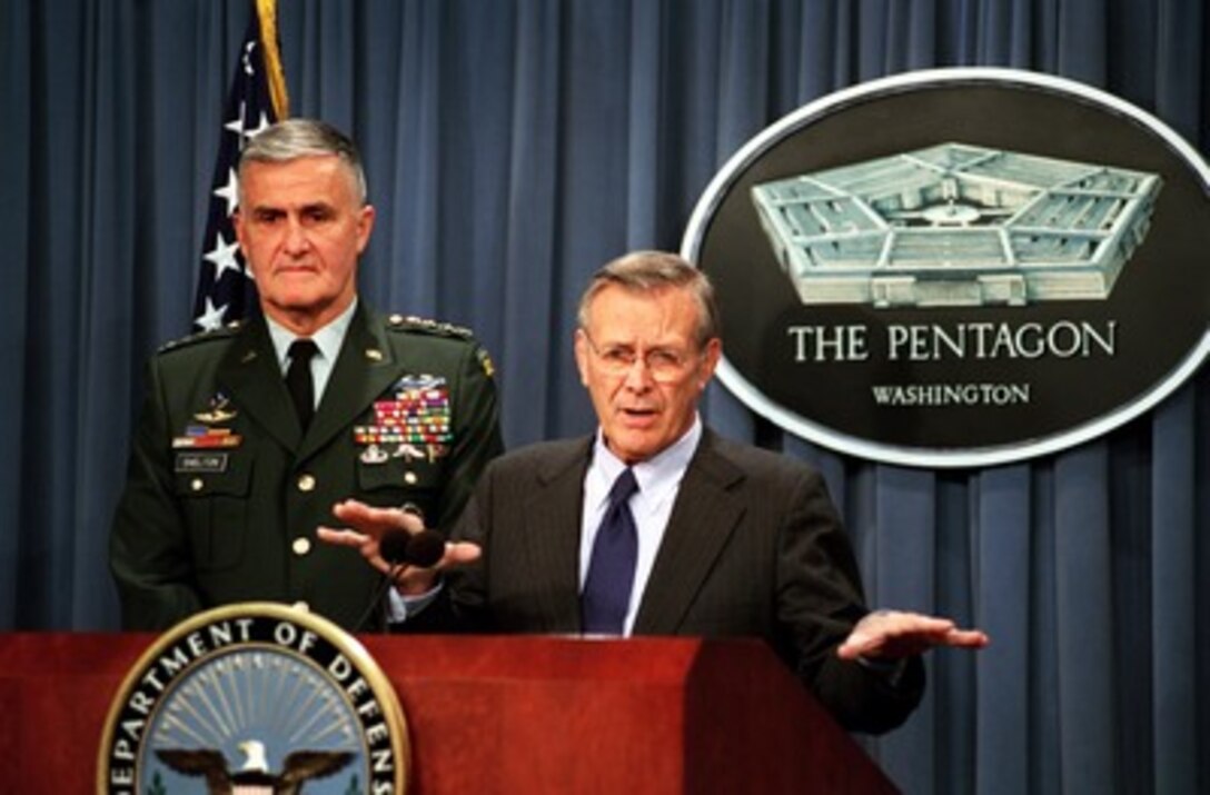 Secretary of Defense Donald H. Rumsfeld announces the establishment of the Secretary of Defense Medal for the Defense of Freedom on Sept. 27, 2001, in the Pentagon. The medal is the civilian equivalent of the Purple Heart and will be awarded to DoD civilian employees who are killed or wounded by hostile action while serving in support of the department. Chairman of the Joint Chiefs of Staff Gen. Henry H. Shelton, U.S. Army, joined Rumsfeld at the briefing. 