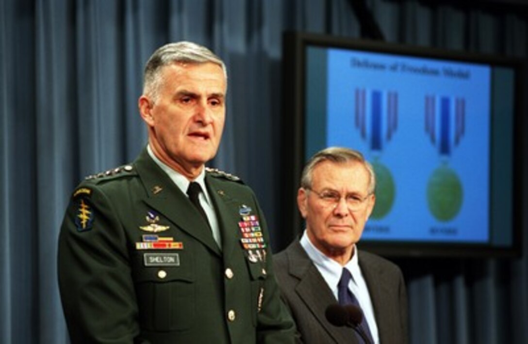 Chairman of the Joint Chiefs of Staff Gen. Henry H. Shelton, U.S. Army, responds to a reporter's question during a Pentagon press briefing on Sept. 27, 2001. Shelton joined Secretary of Defense Donald H. Rumsfeld in the announcement of the establishment of the Secretary of Defense Medal for the Defense. The medal is the civilian equivalent of the Purple Heart and will be awarded to DoD civilian employees who are killed or wounded by hostile action while serving in support of the department. 