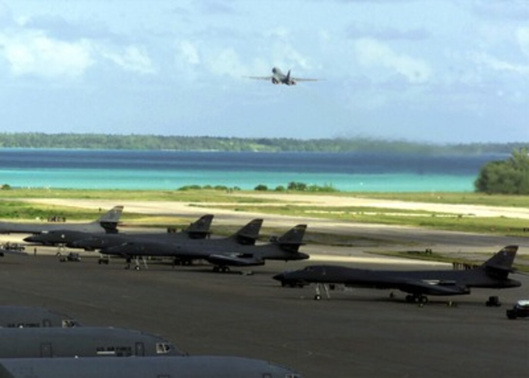 A U.S. Air Force B-1B Lancer bomber takes off on a strike mission against al Qaeda terrorist training camps and military installations of the Taliban regime in Afghanistan on Oct. 7, 2001, during Operation Enduring Freedom. The carefully targeted actions are designed to disrupt the use of Afghanistan as a base for terrorist operations and to attack the military capability of the Taliban regime. 