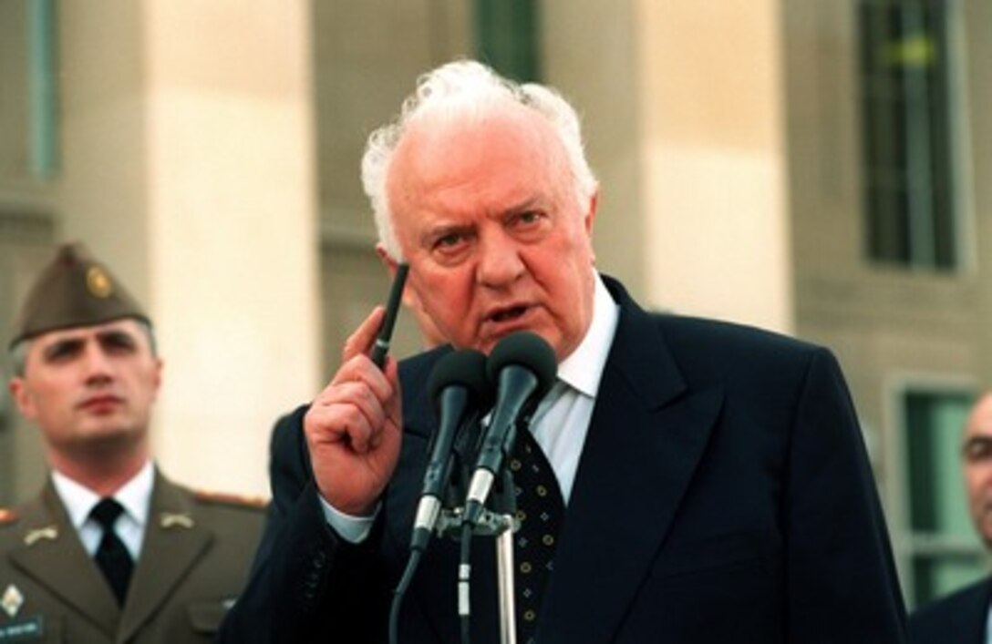 Georgian President Eduard Shevardnadze makes a point during a joint press availability with Deputy Secretary of Defense Paul Wolfowitz at the Pentagon on Oct. 5, 2001. 