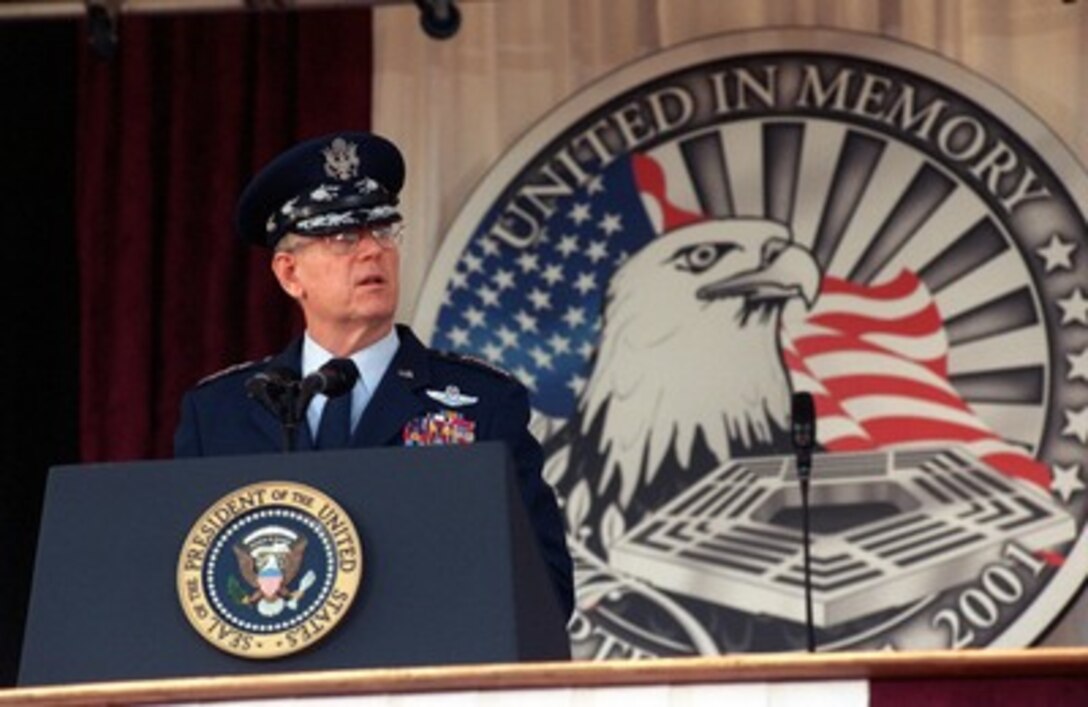 Chairman of the Joint Chiefs of Staff Gen. Richard B. Myers, U.S. Air Force, addresses the audience during the Pentagon memorial service on Oct. 11, 2001, in honor of those who perished in the terrorist attack on the building one month earlier. President George W. Bush, Secretary of Defense Donald H. Rumsfeld and Myers eulogized the 184 persons killed when a terrorist hijacked airliner was purposely crashed into the southwest face of the building on Sept. 11, 2001. 