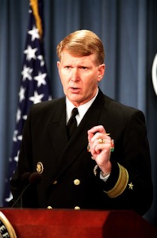 Rear Adm. John D. Stufflebeem, U.S. Navy, briefs reporters on the latest round of air strikes in Afghanistan at the Pentagon on Oct. 17, 2001. Stufflebeem is the deputy director of Operations for Current Readiness and Capabilities, Joint Staff. 