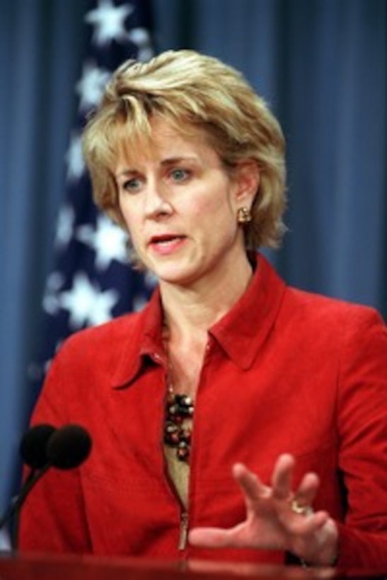 Assistant Secretary of Defense for Public Affairs Victoria Clarke briefs reporters at the Pentagon on Oct. 17, 2001, on the progress of the U.S. military action against the forces of the al Qaeda terrorist organization and the ruling Taliban regime in Afghanistan. 