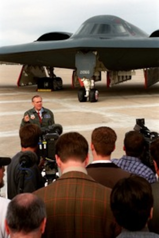 Secretary of Defense Donald H. Rumsfeld holds a media availability at Whiteman Air Force Base, Mo., on Oct. 19, 2001. Whiteman is the home of the B-2 Spirit bomber, which is operated exclusively by the 509th Bomb Wing. Planes from the 509th have flown missions over Afghanistan during Operation Enduring Freedom. 