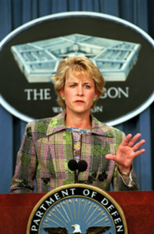 Assistant Secretary of Defense for Public Affairs Victoria Clarke conducts her first Pentagon press briefing on Sept. 4, 2001. 