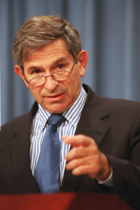 Deputy Secretary of Defense Paul Wolfowitz holds a press conference at the Pentagon on Sept. 13, 2001. Wolfowitz announced that a $20 billion emergency supplemental budget request to the FY 2001 budget had been submitted to Congress to begin to pay for expenses incurred by the Sept. 11th terrorist attack on the World Trade Center and the Pentagon. 