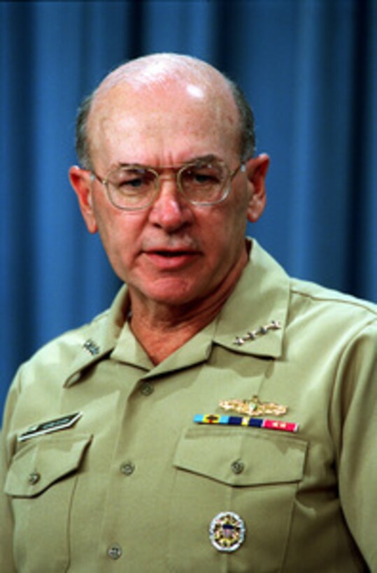 Chief of Naval Operations Adm. Vernon Clark responds to a reporter's question during a Pentagon briefing on Sept. 13, 2001, concerning naval personnel listed missing from the Sept. 11th terrorist attack on the Pentagon. 