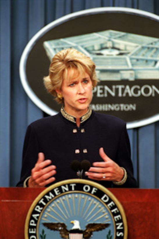 Assistant Secretary of Defense Victoria Clarke briefs reporters during a Sept. 13, 2001, Pentagon press briefing concerning the terrorist attack on the Pentagon. 