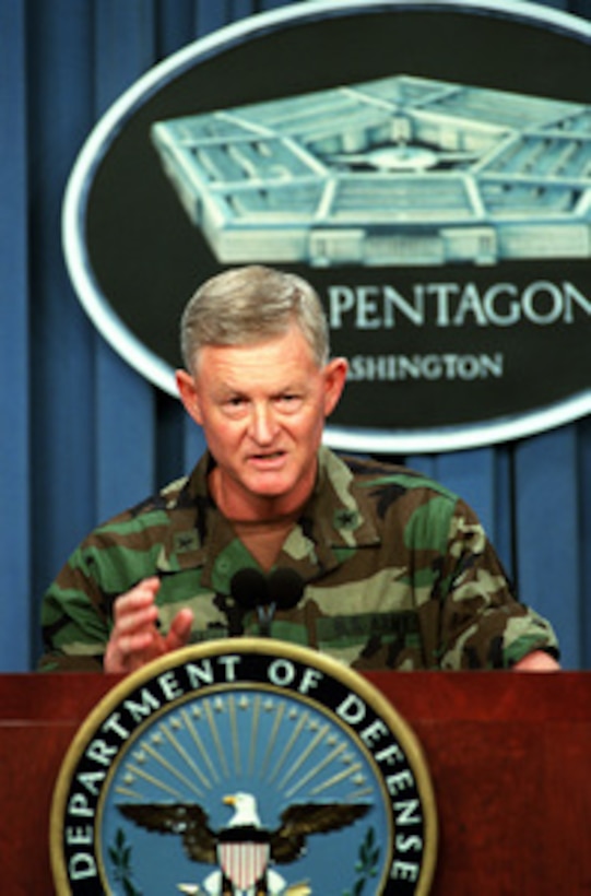 Army Brig. Gen. Clyde A. Vaughn conducts a Pentagon press briefing on Sept. 13, 2001, to provide an update on military support activities to civilian authorities in the wake of the attacks on the World Trade Center and the Pentagon. Vaughn is the director of Military Support and deputy director of Army Operations, Readiness and Mobilization. 