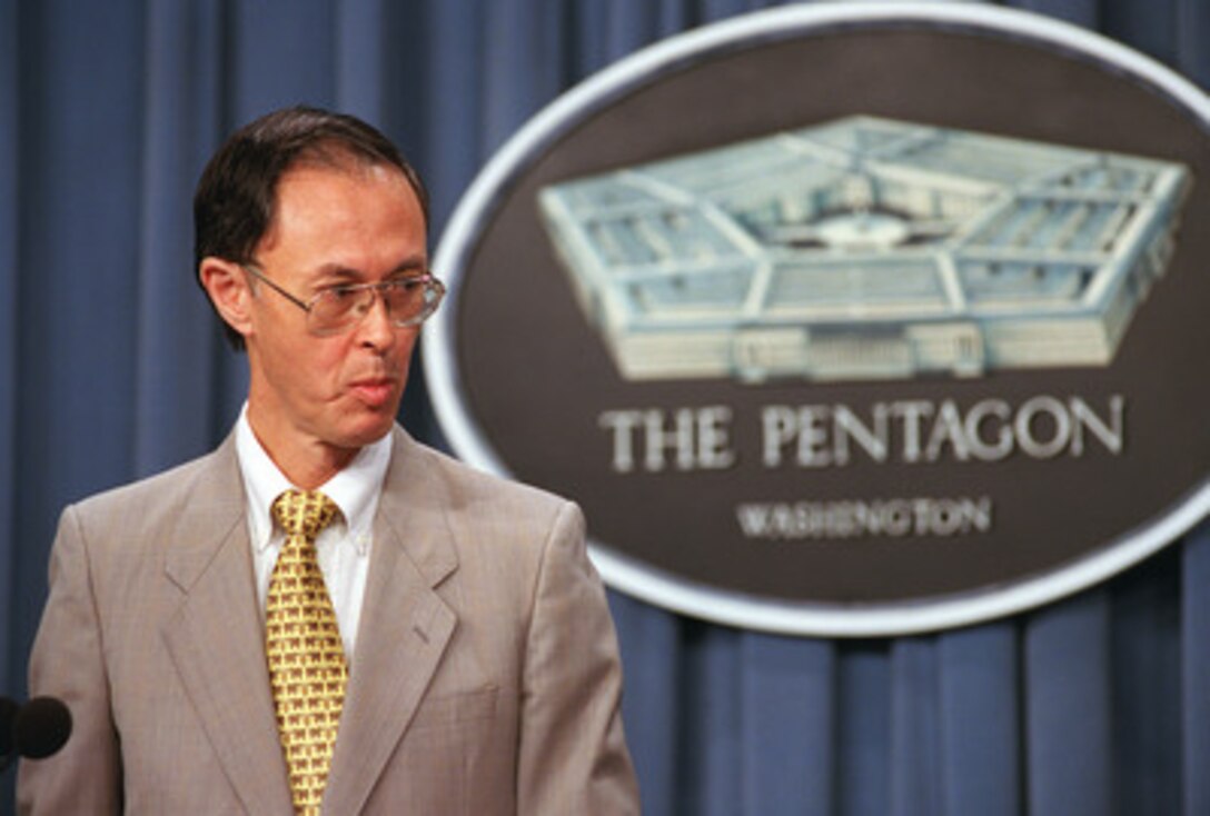 Under Secretary of Defense for Personnel and Readiness David Chu briefs reporters at the Pentagon on Sept. 12, 2001. Chu provided information on the establishment of a family assistance center for the dissemination of information and assistance to families who might have had a member injured or killed in the Sept. 11 attack on the Pentagon. The terrorist attack caused extensive damage to the west face of the building and followed similar attacks on the twin towers of the World Trade Center in New York City. 