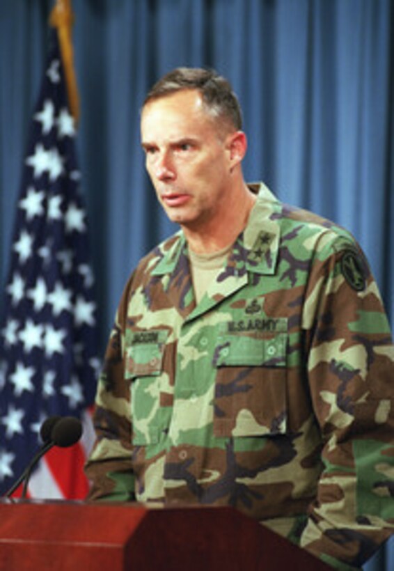 Maj. Gen. Jim Jackson, U.S. Army, commanding general of the Military District of Washington, briefs reporters at the Pentagon on Sept. 12, 2001. Military District of Washington soldiers under his command have responded to requests for assistance from the incident commander during the hours following the Sept. 11 terrorist attack on the Pentagon. The attack caused extensive damage to the west face of the building and followed similar attacks on the twin towers of the World Trade Center in New York City. 