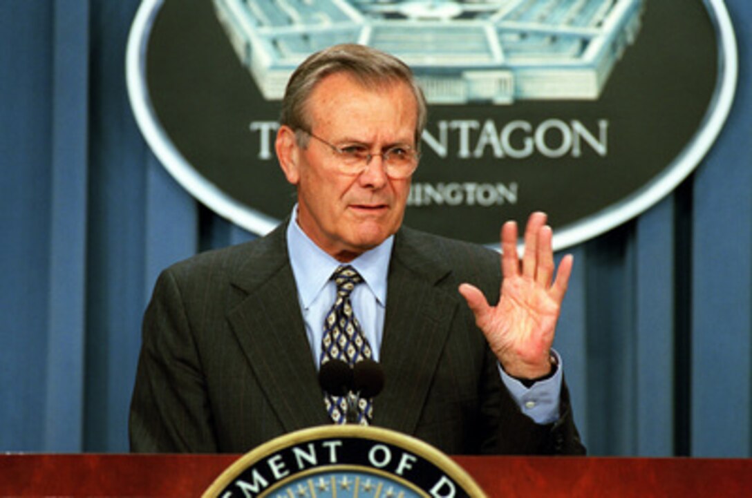 Secretary of Defense Donald H. Rumsfeld briefs reporters in the Pentagon on Sept. 18, 2001. Rumsfeld discussed the call-up of up to 50,000 Reserve and Guard members to augment active duty troops in the fight against terrorists. 