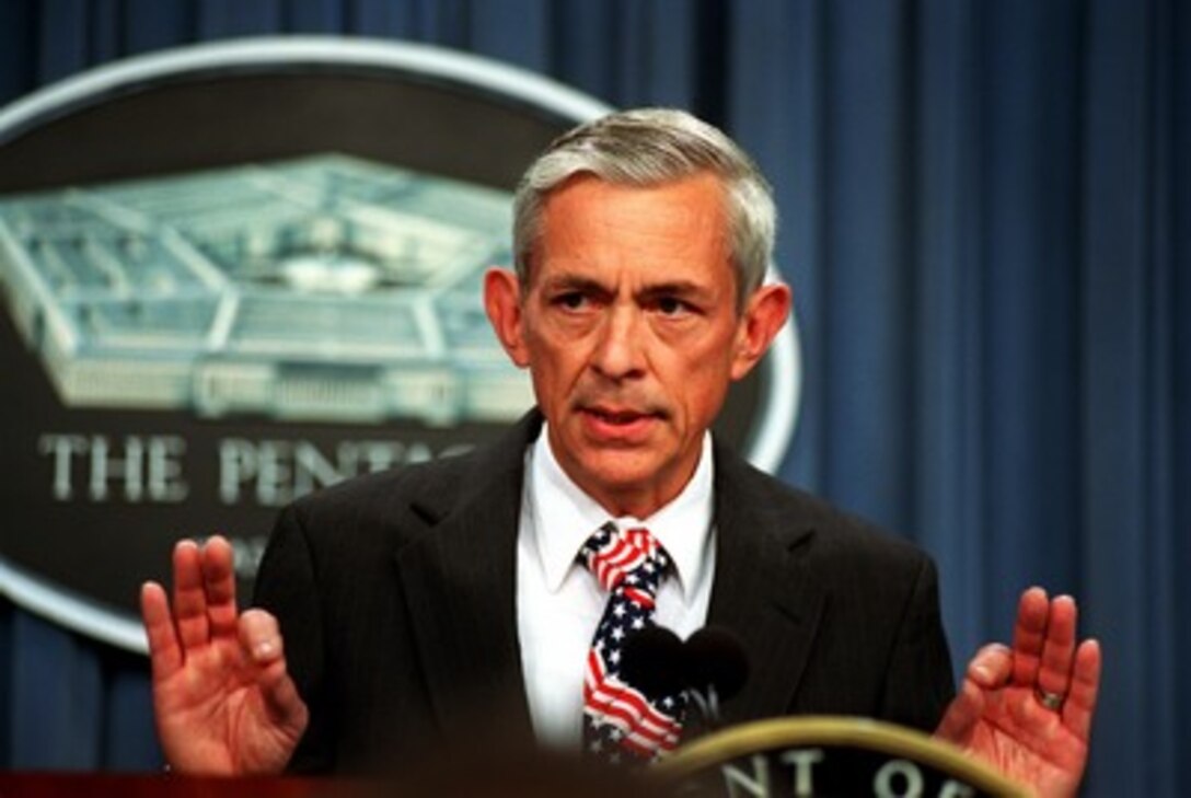 Principal Deputy Assistant Secretary of Defense for Reserve Affairs Craig W. Duehring announces during a Pentagon press briefing on Sept. 14, 2001, that President Bush has authorized the partial mobilization of the National Guard and Reserve forces of the United States. Up to 35,000 members will be called to active duty to perform duties related to homeland defense. 