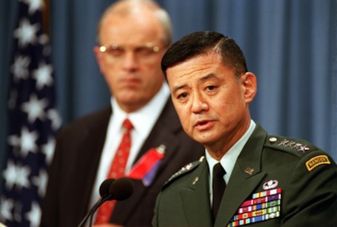 Army Chief of Staff Gen. Eric K. Shinseki answers a reporter's question during a press conference with Secretary of the Army Thomas E. White in the Pentagon on Sept. 14, 2001. Shinseki and White commented on the Sept. 11th terrorist attack on the United States. 