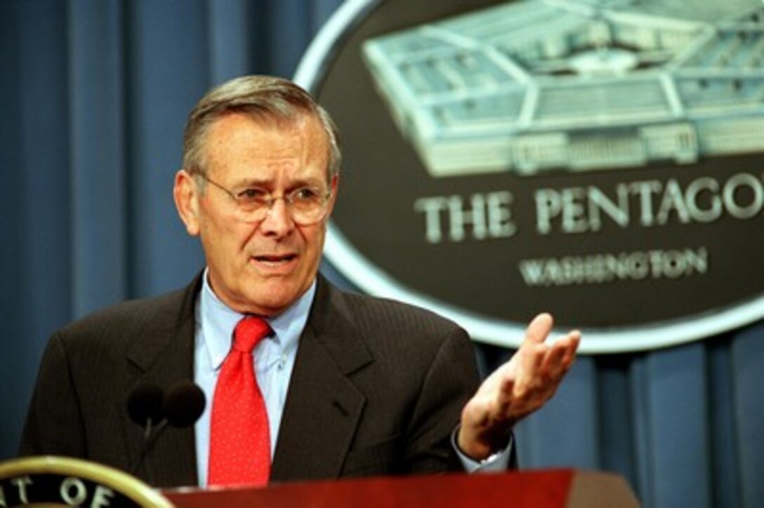 Secretary of Defense Donald H. Rumsfeld announces that the war against terrorism will now be known as Operation Enduring Freedom during a Pentagon press briefing on Sept. 25, 2001. Operation Enduring Freedom is the name associated with the war on terrorism outside the United States. Operation Noble Eagle refers to U.S. military operations in homeland defense and civil support to federal, state and local agencies in the U.S. 