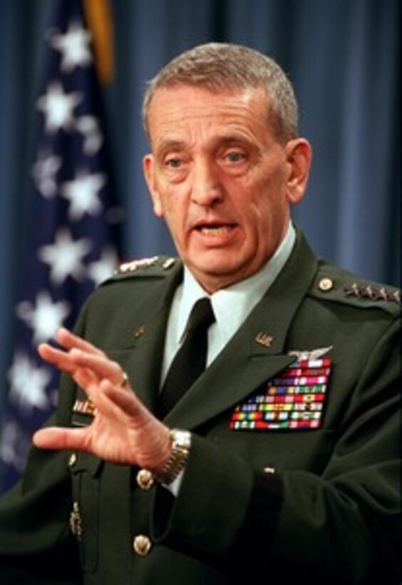Commander in Chief U.S. Central Command Gen. Tommy R. Franks, U.S. Army, briefs reporters in the Pentagon on March 29, 2002, concerning the latest developments in Afghanistan. 