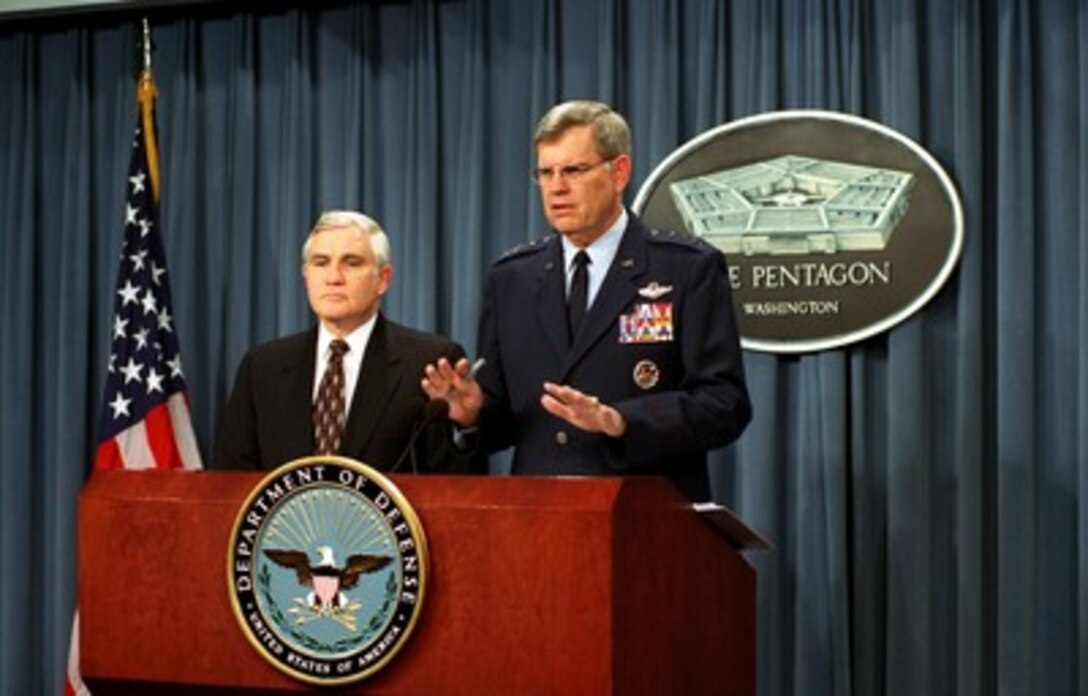 Chairman of the Executive Steering Committee of the Business Initiative Council Lt. Gen. Joe Wehrle, U.S. Air Force, responds to a reporter's question during a Pentagon press briefing on March 26, 2002. Wehrle and Chairman of the Business Initiative Councilís Executive Directors Ron Orr announced four new initiatives and summarized some accomplishments. 