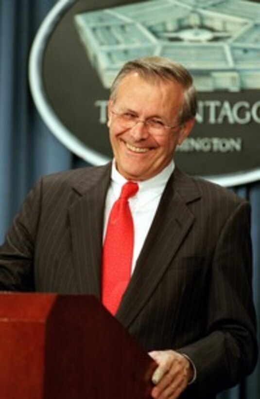 Secretary of Defense Donald H. Rumsfeld conducts a Pentagon briefing on Operation Enduring Freedom on April 3, 2002. 