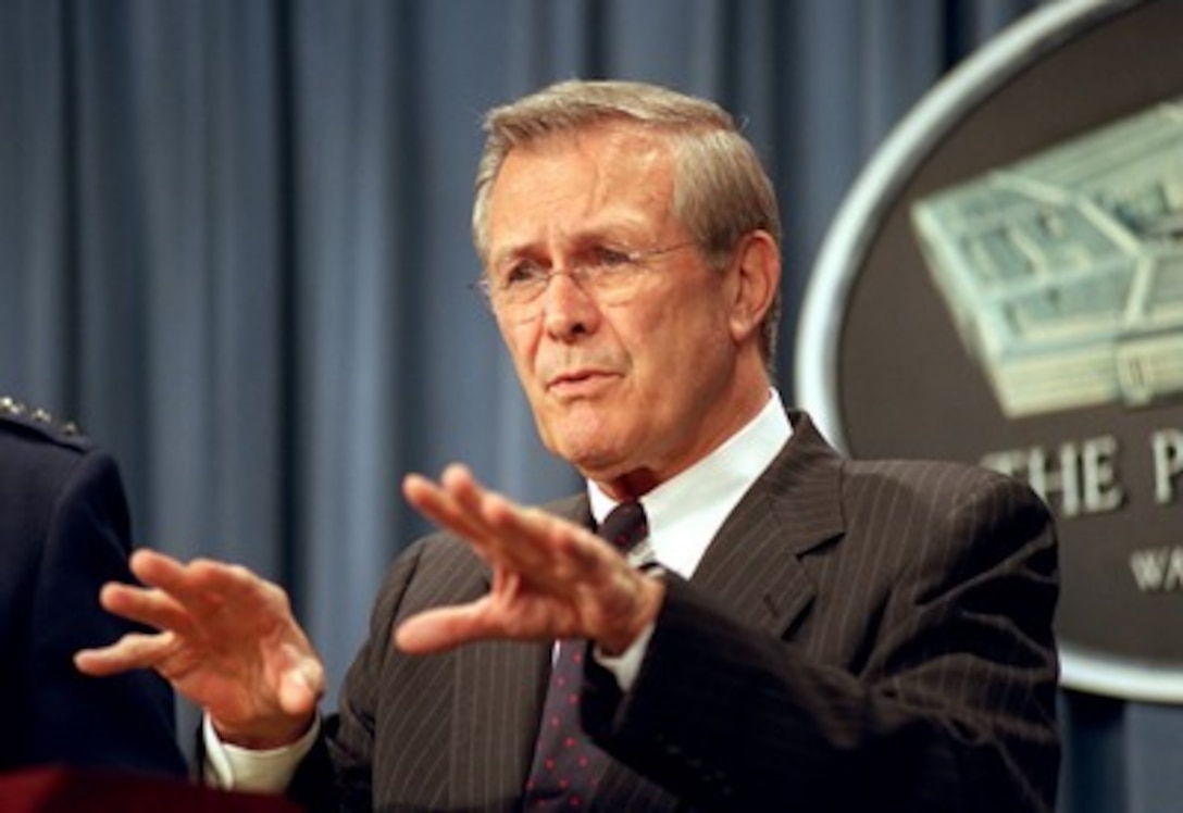 Secretary of Defense Donald H. Rumsfeld briefs reporters in the Pentagon on the latest developments in the war on terrorism during an April 15, 2002, press briefing. Rumsfeld reported that several U.S. soldiers had been killed earlier in the day near Kandahar, Afghanistan, while trying to dispose of captured enemy munitions. 