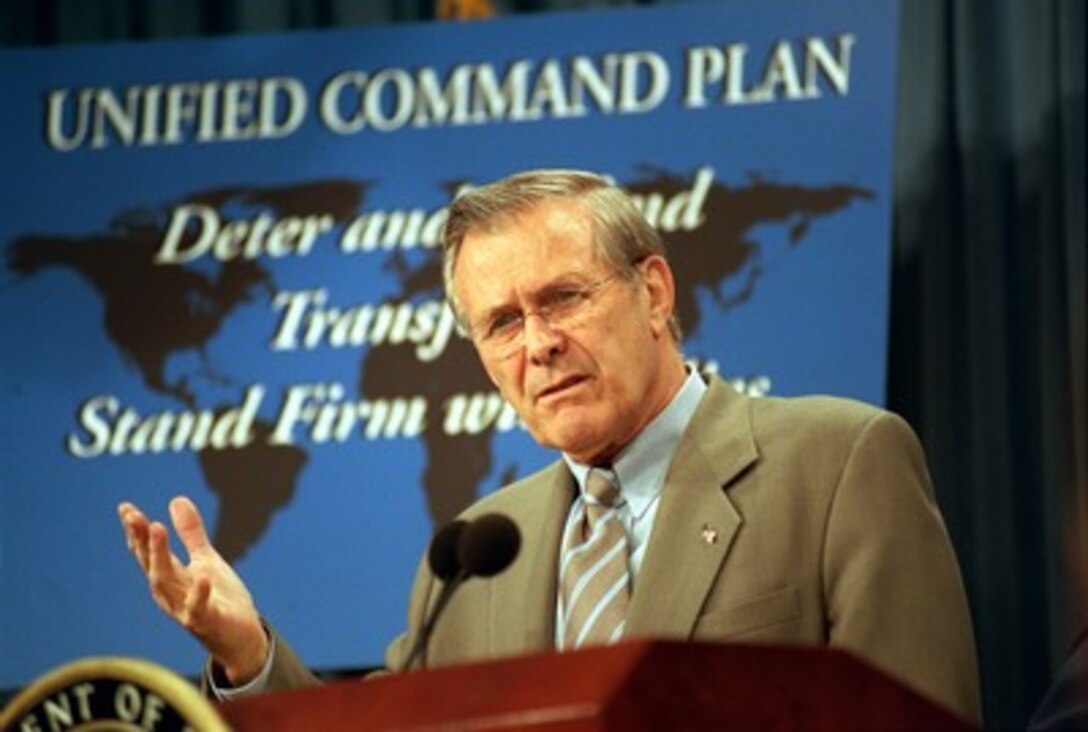 Secretary of Defense Donald H. Rumsfeld briefs reporters about the changes he has endorsed to the Unified Command Plan during a press briefing at the Pentagon on April 17, 2002. The Chairman of the Joint Chiefs of Staff Gen. Richard B. Myers, U.S. Air Force, recommended the changes in a report to President George W. Bush. The plan creates the U.S. Northern Command which will assume the mission of defending the United States and supporting the full range of military assistance to civil authorities. The Unified Command Plan is the document that establishes the missions and responsibilities, as well as the geographic boundaries, of each combatant command. 