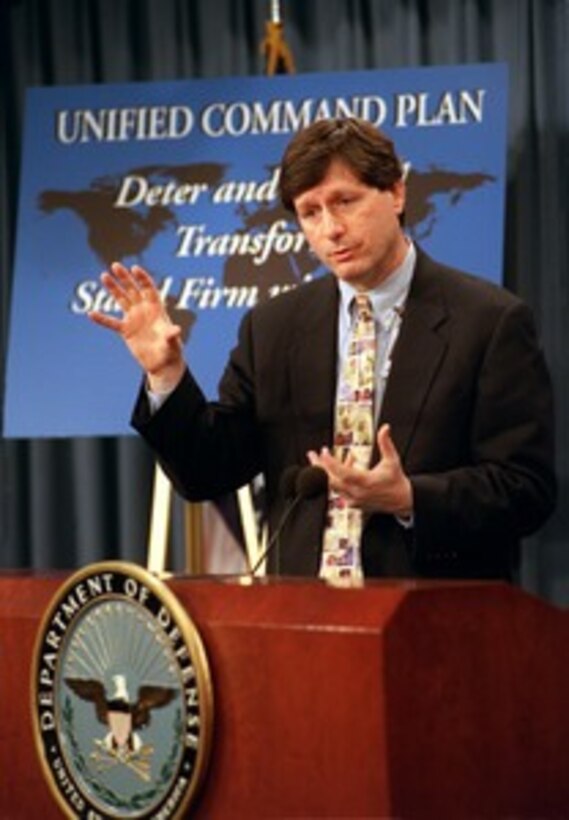 Principal Deputy Under Secretary of Defense for Policy Stephen A. Cambone provides reporters with details of proposed changes to the Unified Command Plan during a Pentagon press briefing on April 17, 2002. The plan creates the U.S. Northern Command which will assume the mission of defending the United States and supporting the full range of military assistance to civil authorities. Chairman of the Joint Chiefs of Staff Gen. Richard B. Myers, U.S. Air Force, recommended the changes in a report to President George W. Bush. The Unified Command Plan is the document that establishes the missions and responsibilities, as well as the geographic boundaries, of each combatant command. 