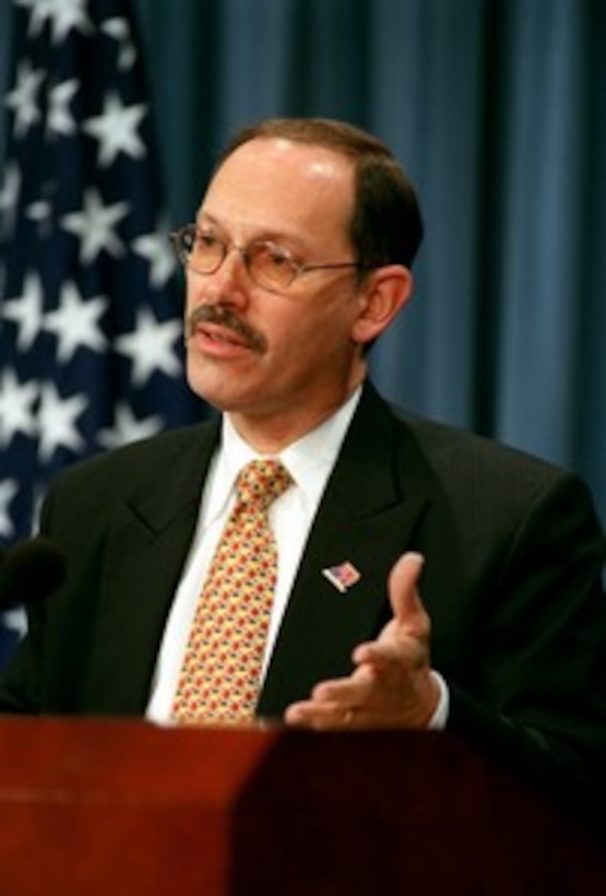 Under Secretary of Defense (Comptroller) Dov S. Zakheim conducts a Pentagon news briefing on the Department of Defense financial management program on April 10, 2002. Zakheim briefed reporters on the recently awarded financial management reform contract. 