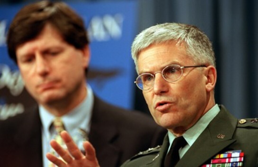 Director of Strategic Plans and Policy for the Joint Staff Lt. Gen. George W. Casey (right), U.S. Army, and Principal Deputy Under Secretary of Defense for Policy Stephen A. Cambone (left) provide reporters with details of the proposed changes to the Unified Command Plan during a Pentagon press briefing on April 17, 2002. The plan creates the U.S. Northern Command which will assume the mission of defending the United States and supporting the full range of military assistance to civil authorities. Chairman of the Joint Chiefs of Staff Gen. Richard B. Myers, U.S. Air Force recommended the changes in a report to President George W. Bush. The Unified Command Plan is the document that establishes the missions and responsibilities, as well as the geographic boundaries, of each combatant command. 