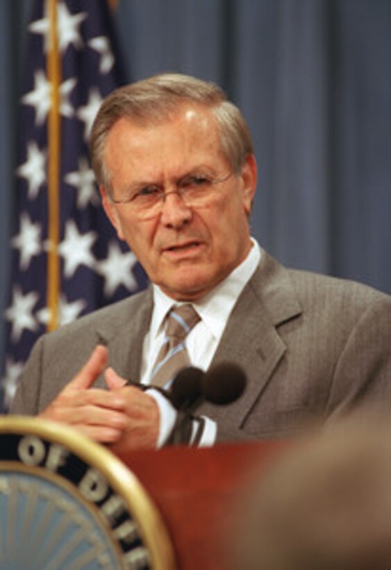 Secretary of Defense Donald H.Rumsfeld responds to a reporter's question concerning his upcoming meeting with President George W. Bush in Texas, during the Aug. 20, 2002, Pentagon press briefing. Rumsfeld confirmed that he and Chairman of the Joint Chiefs of Staff Gen. Richard Myers and the Director of the Missile Defense Agency Lt. Gen. Ronald Kadish, would be briefing the president on a number of issues. 